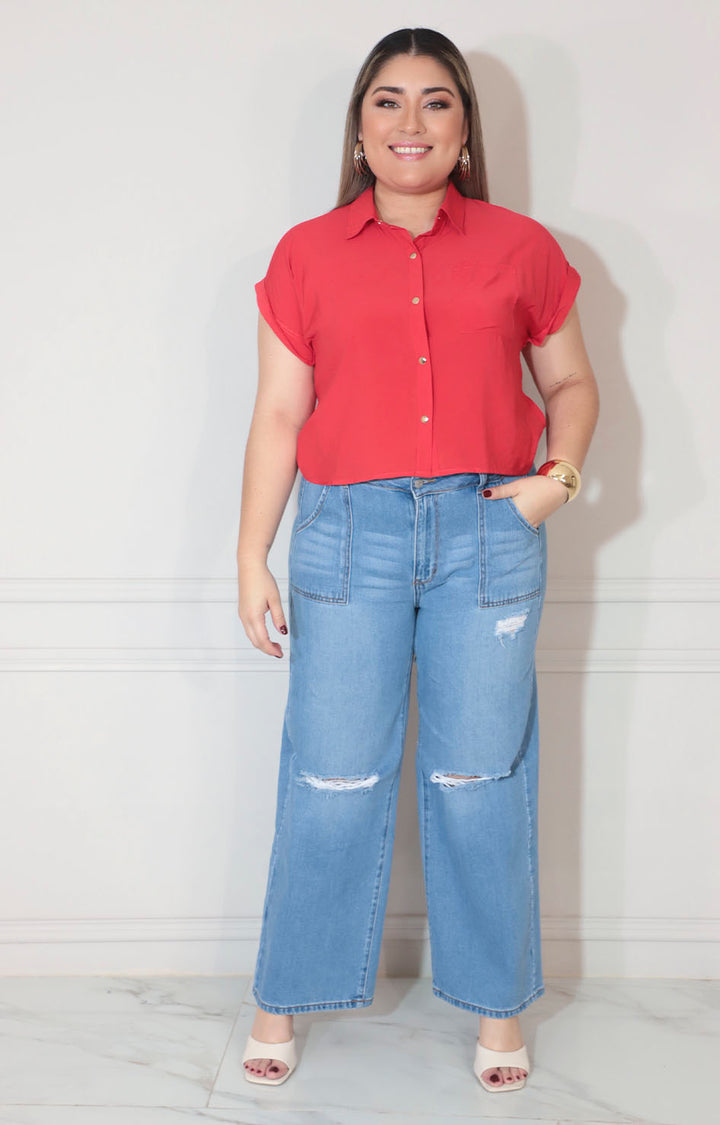 Blusa roja con botones y bolsa frontal - BLUSA Boutiquemirel 