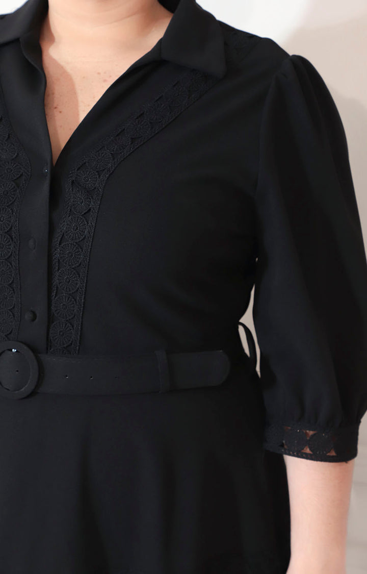 Vestido negro con bordado de botones y cinturón - VESTIDO XL Boutiquemirel 