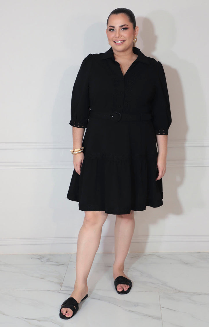 Vestido negro con bordado de botones y cinturón - VESTIDO XL Boutiquemirel 