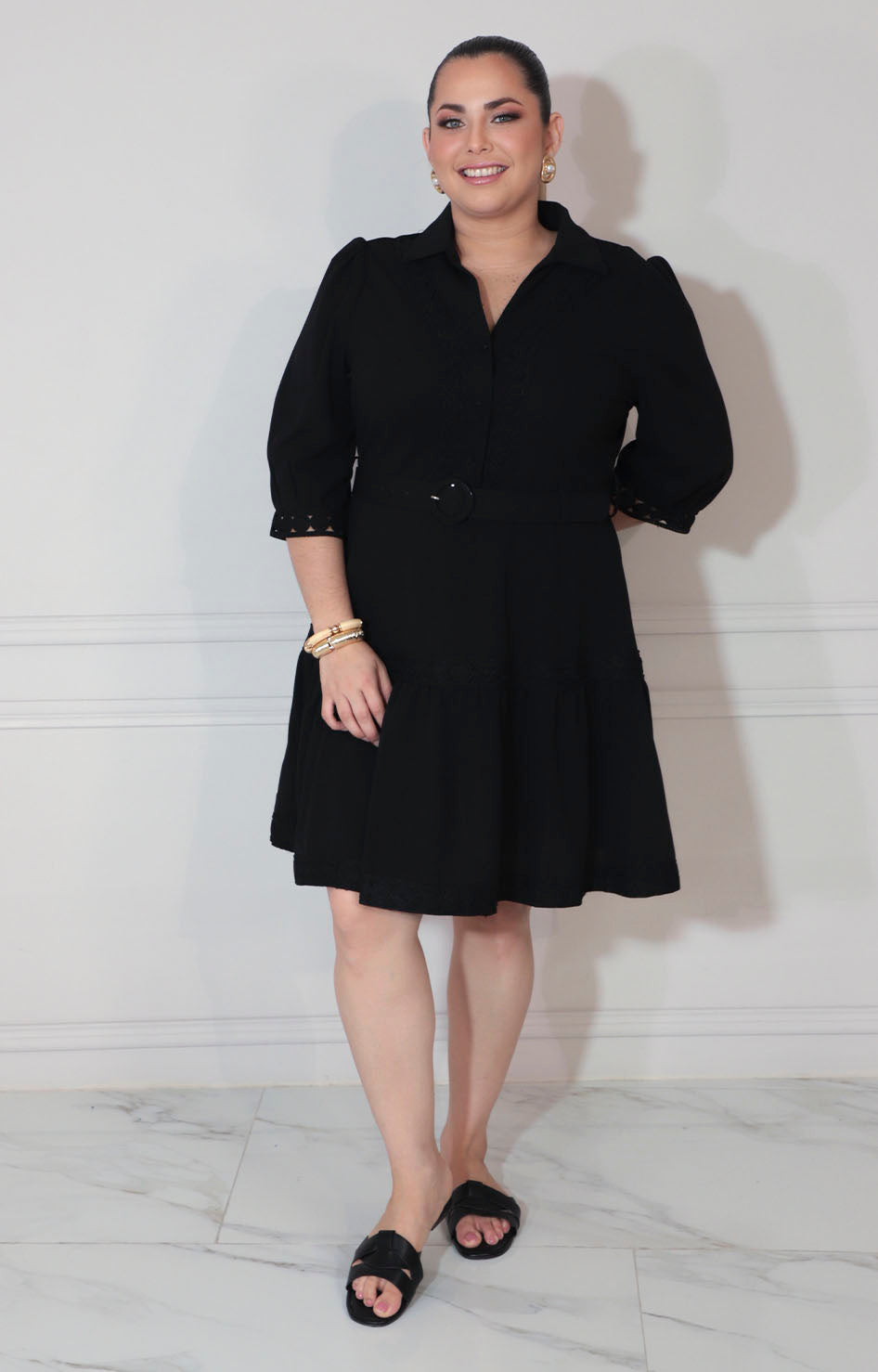 Vestido negro con bordado de botones y cinturón - VESTIDO XL Boutiquemirel 