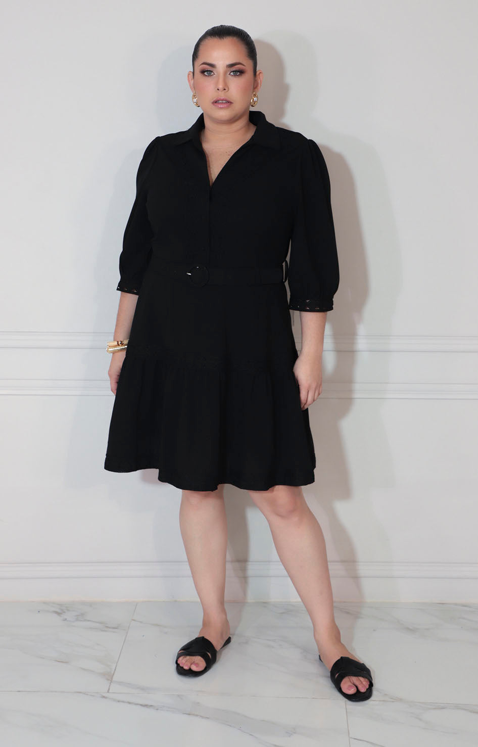Vestido negro con bordado de botones y cinturón - VESTIDO XL Boutiquemirel 