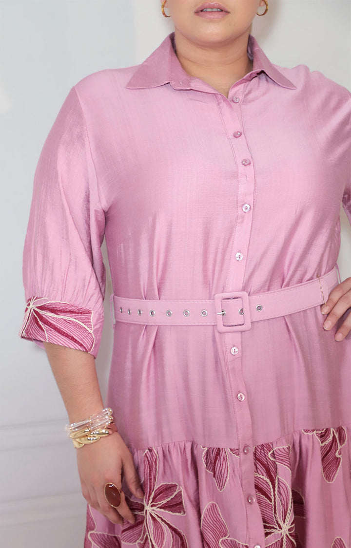 Vestido rosa estampado con botones y cinturón - CONJUNTO XL Boutiquemirel 