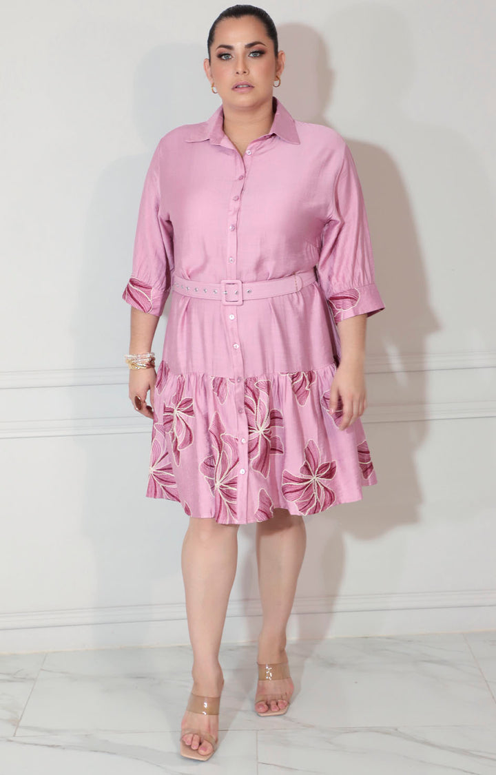 Vestido rosa estampado con botones y cinturón - CONJUNTO XL Boutiquemirel 