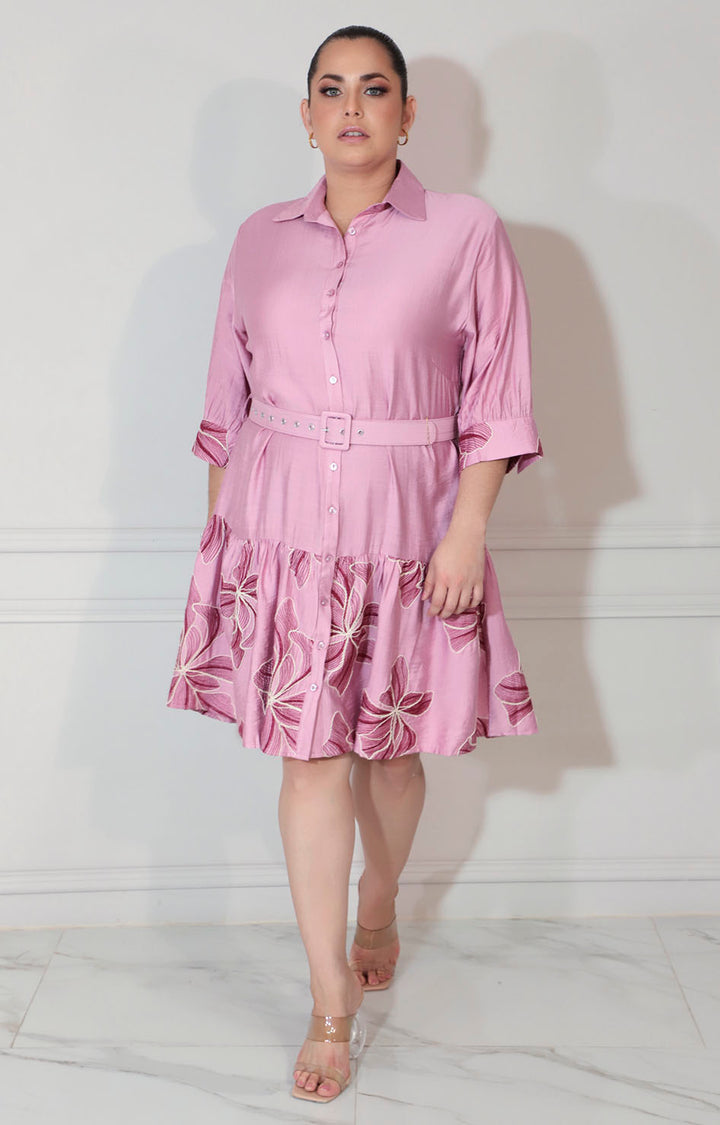 Vestido rosa estampado con botones y cinturón - CONJUNTO XL Boutiquemirel 