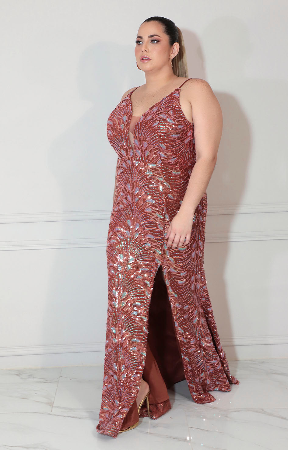 Vestido café de tirantes con lentejuela - VESTIDO XL Boutiquemirel 