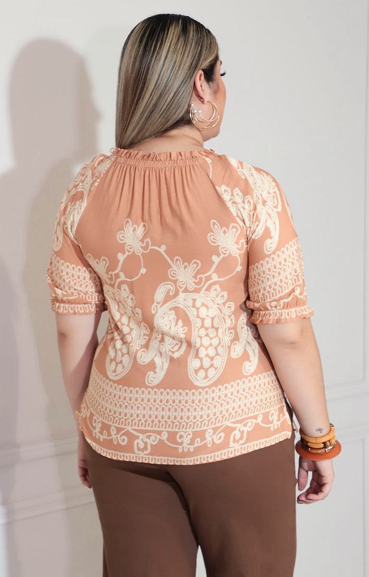 Blusa beige estampada con elástico inferior - BLUSA XL Boutiquemirel 