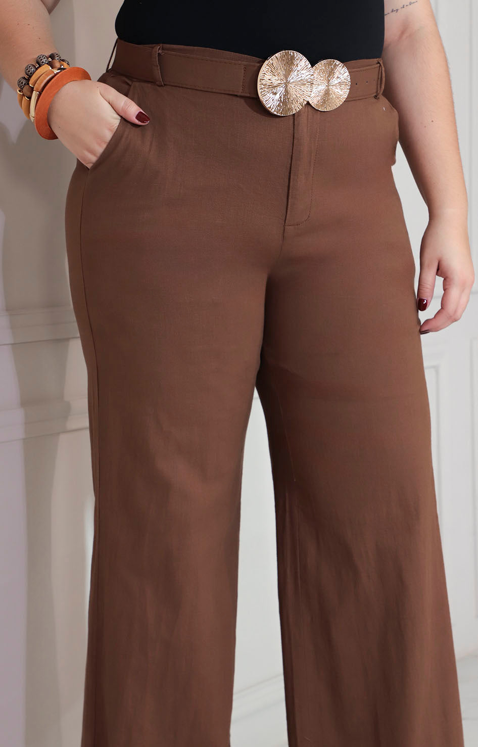 Pantalon café con cinturón y hebilla dorado - PANTALON XL Boutiquemirel 