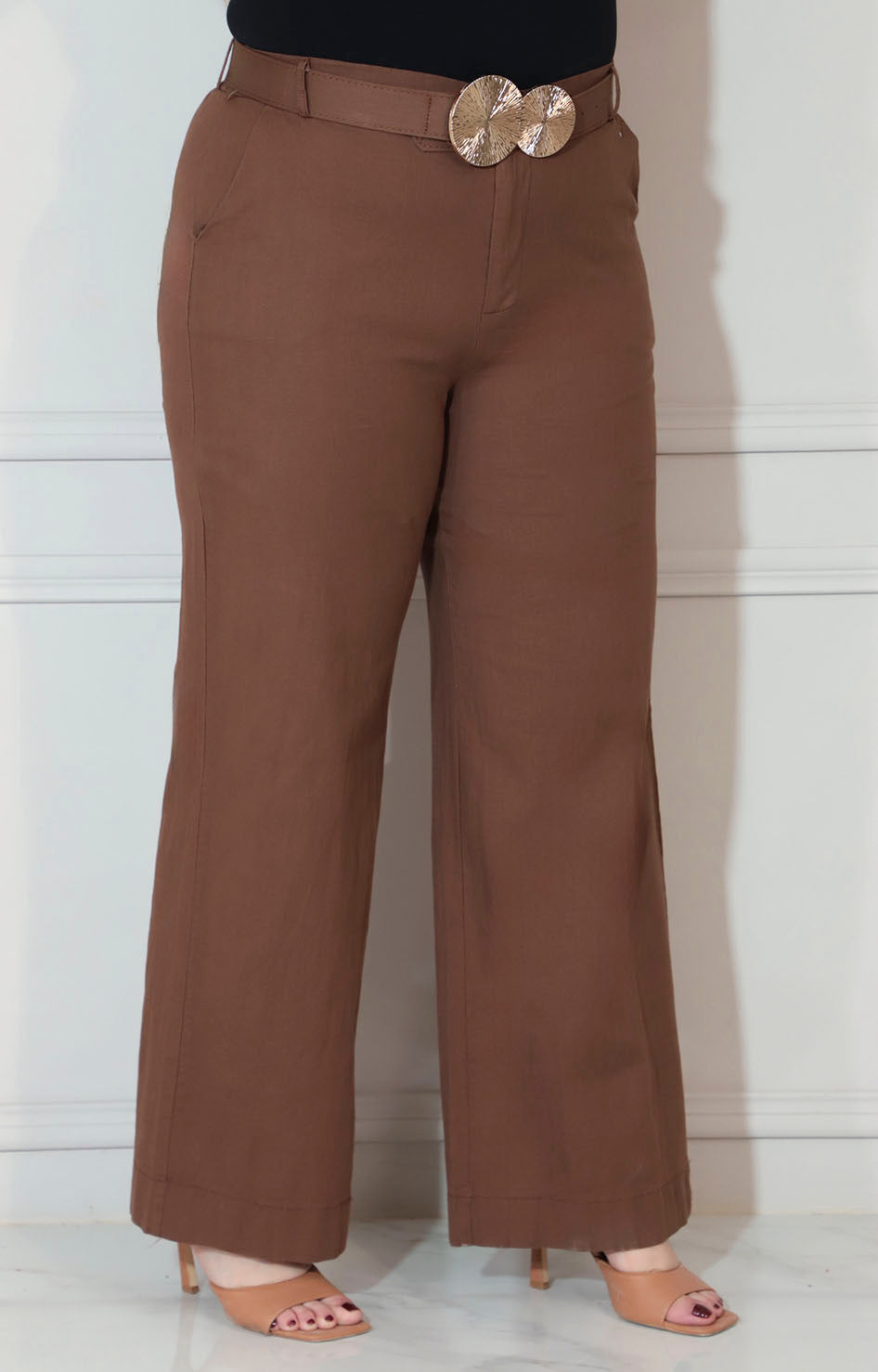 Pantalon café con cinturón y hebilla dorado - PANTALON XL Boutiquemirel 