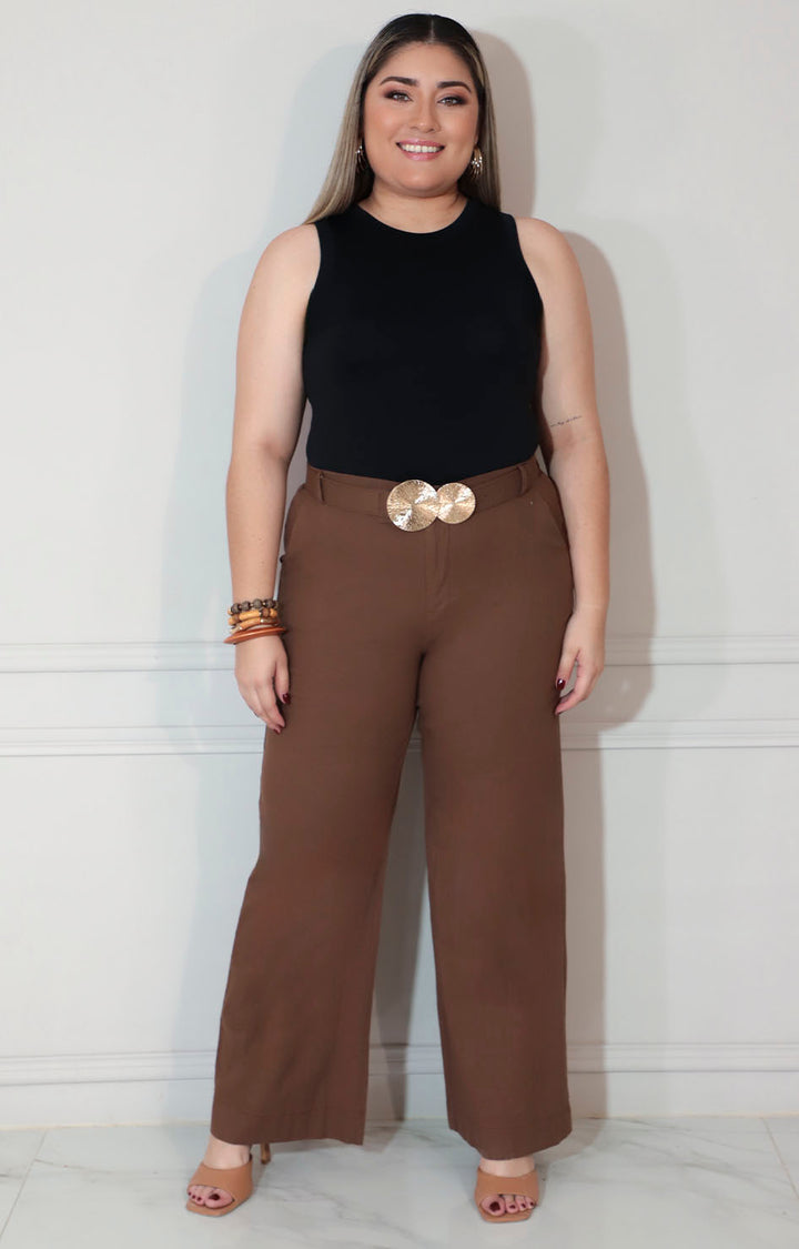 Pantalon café con cinturón y hebilla dorado - PANTALON XL Boutiquemirel 
