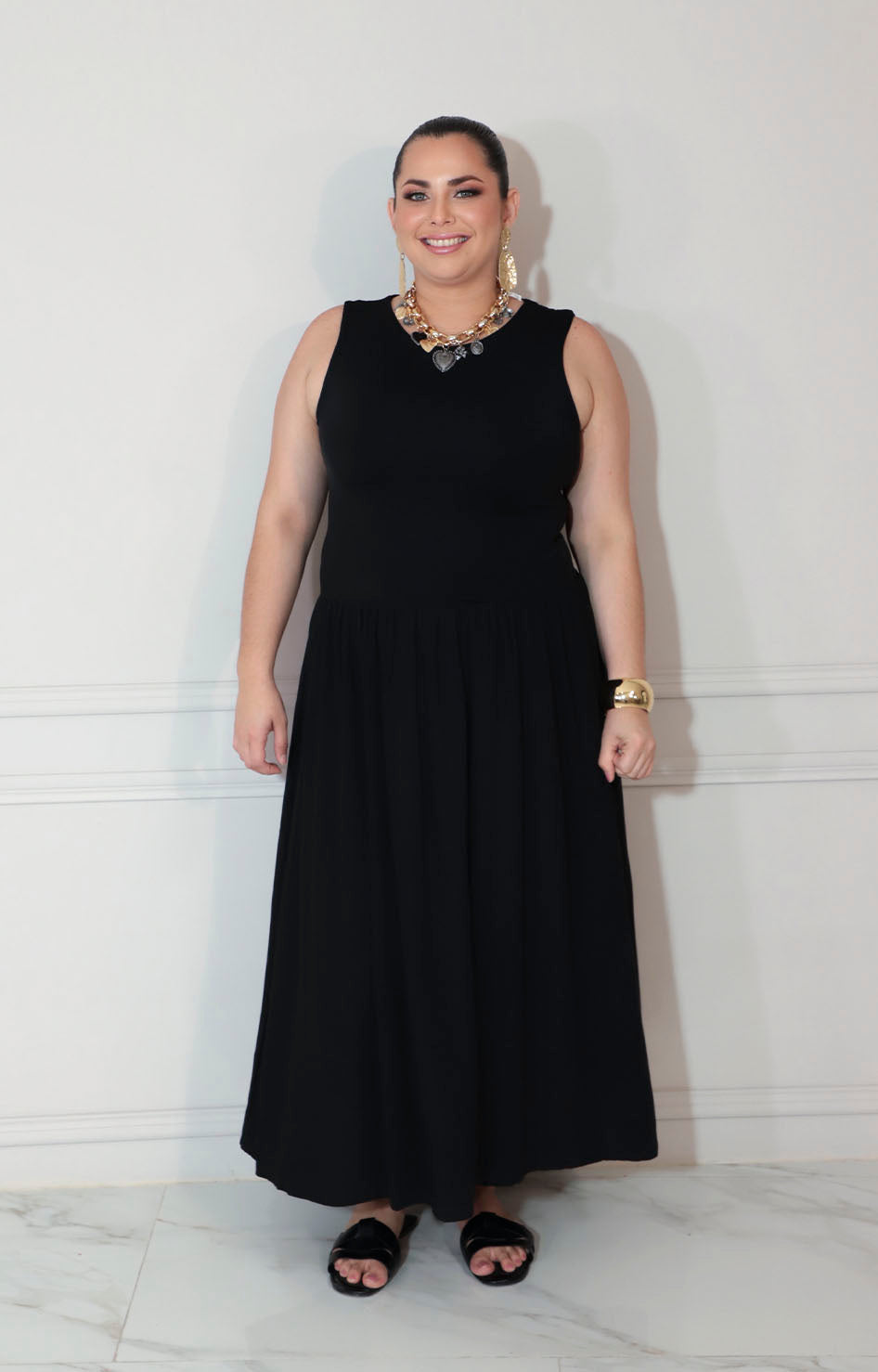 Vestido negro de tirantes con fruncido en cintura - VESTIDO XL Boutiquemirel 