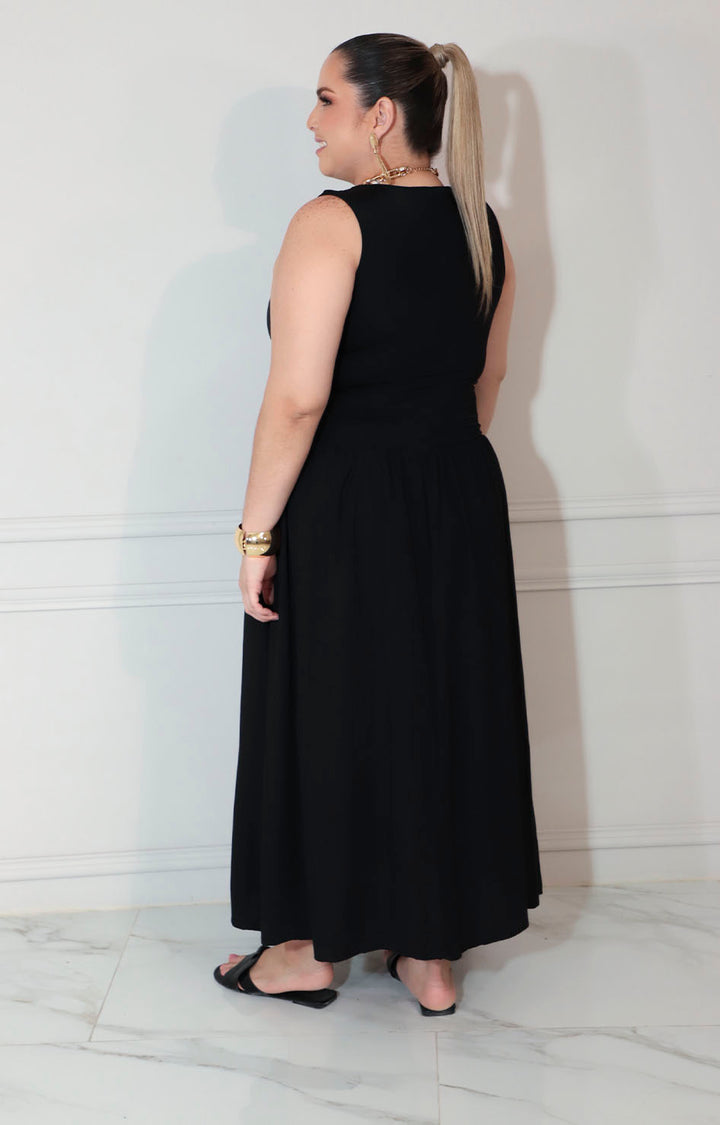 Vestido negro de tirantes con fruncido en cintura - VESTIDO XL Boutiquemirel 