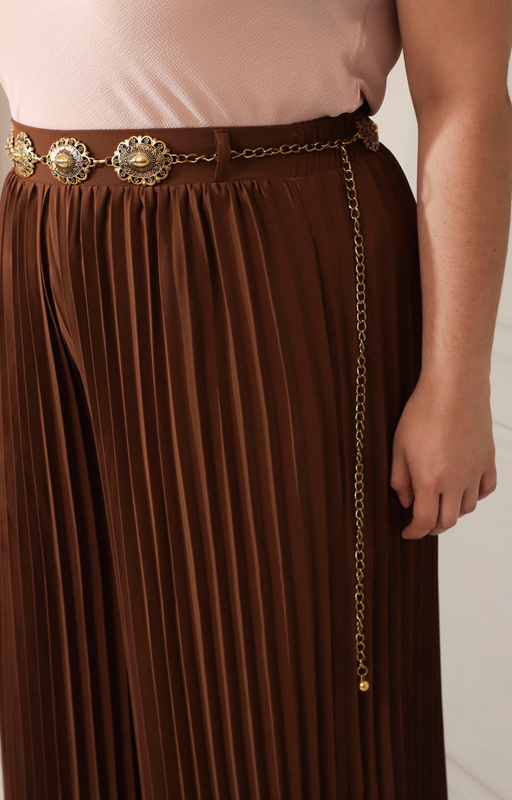 Pantalón café plisado con cinturón de estoperoles - PANTALON XL Boutiquemirel 