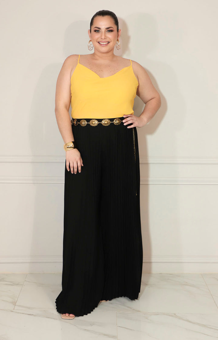 Pantalón negro plisado con cinturón de eslabones - PANTALON XL Boutiquemirel 