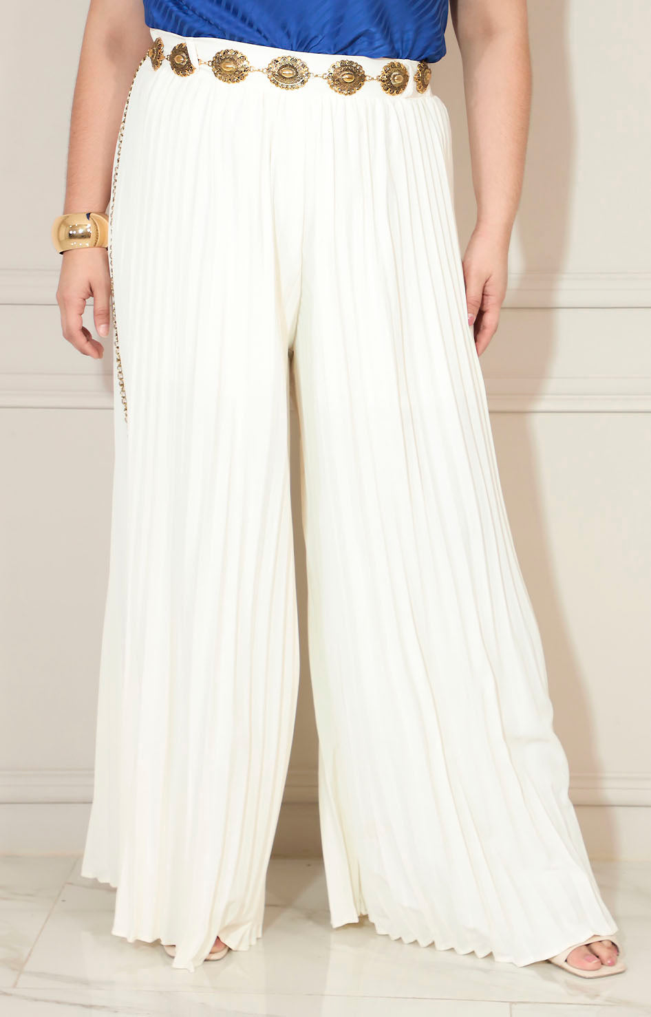 Pantalón blanco plisado con cinturón  de eslabones - PANTALON XL Boutiquemirel 