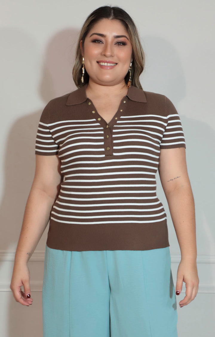 Blusa café con líneas - BLUSA XL Boutiquemirel 