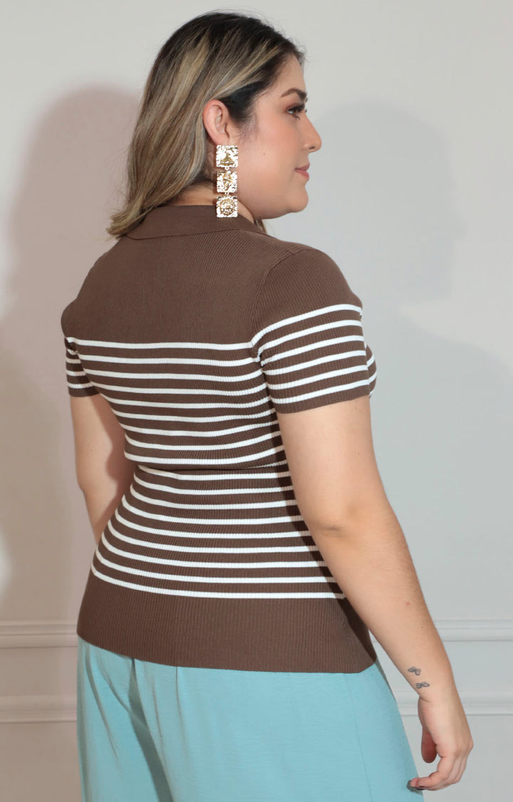 Blusa café con líneas - BLUSA XL Boutiquemirel 