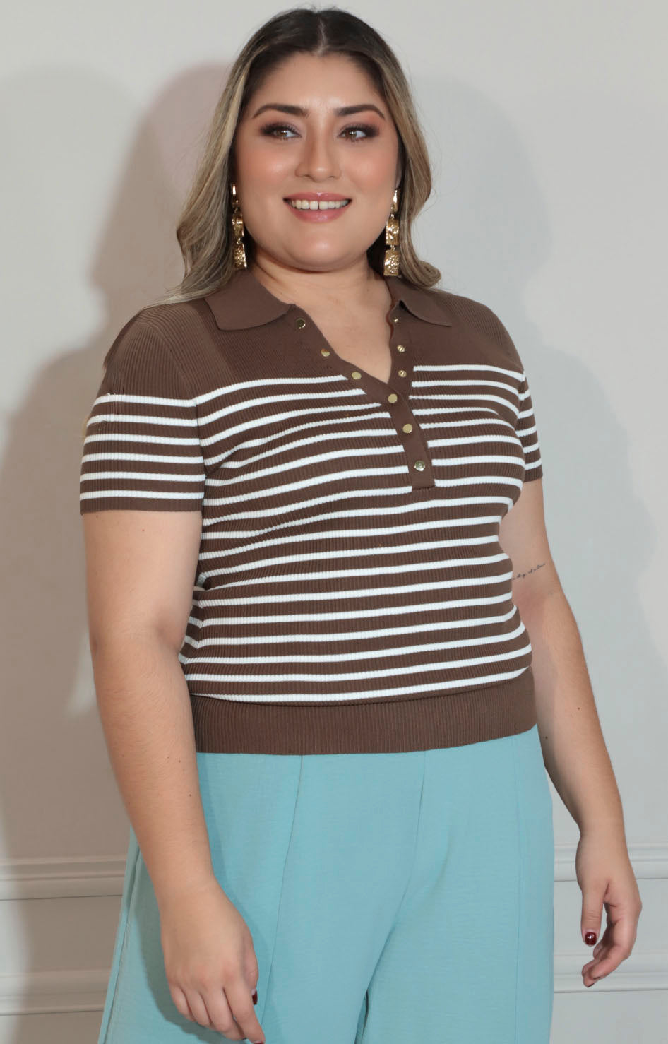 Blusa café con líneas - BLUSA XL Boutiquemirel 