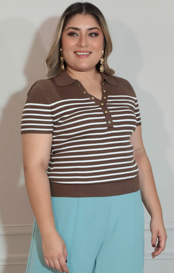 Blusa café con líneas - BLUSA XL Boutiquemirel 