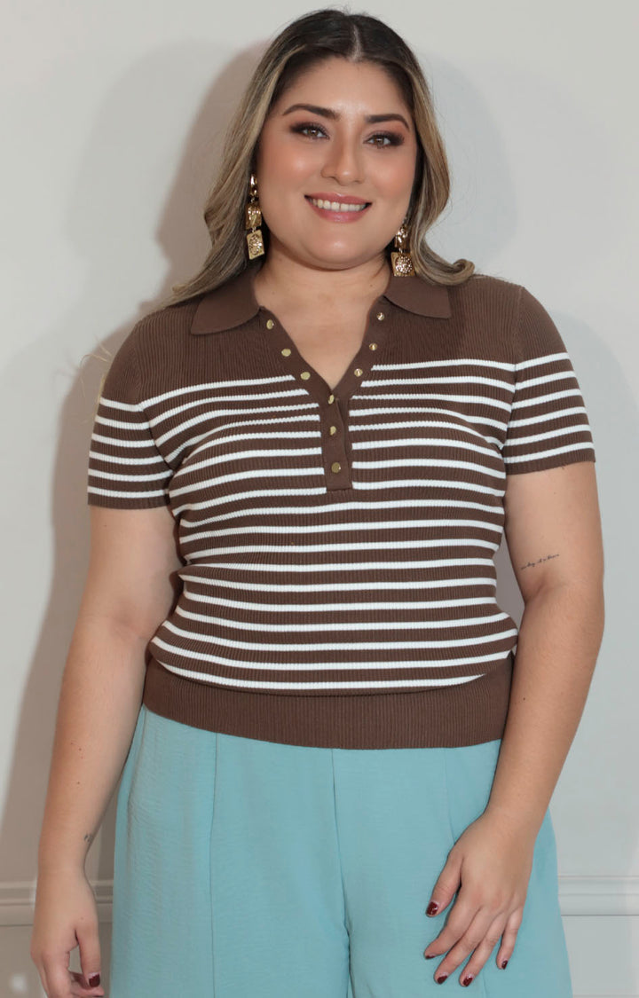 Blusa café con líneas - BLUSA XL Boutiquemirel 