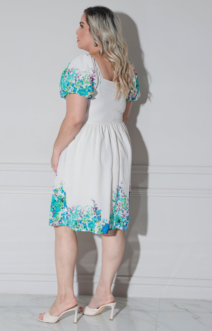 Vestido beige con azul corto - VESTIDO CORTO CURVY Boutiquemirel 