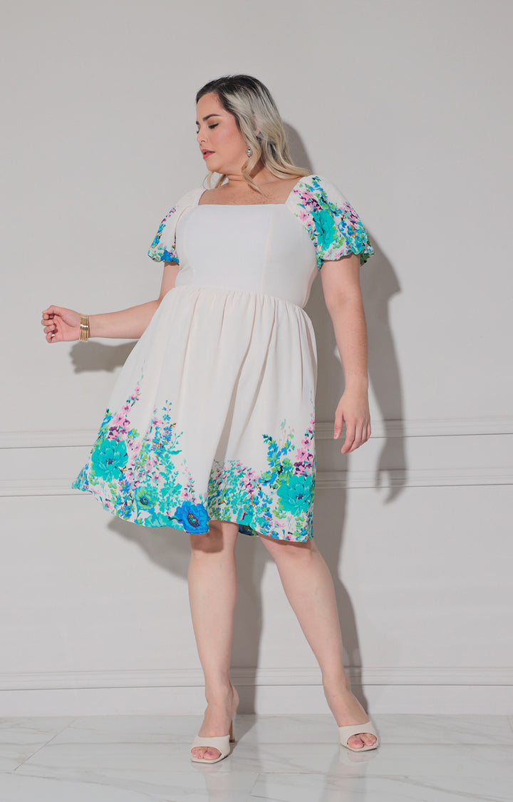Vestido beige con azul corto - VESTIDO CORTO CURVY Boutiquemirel 