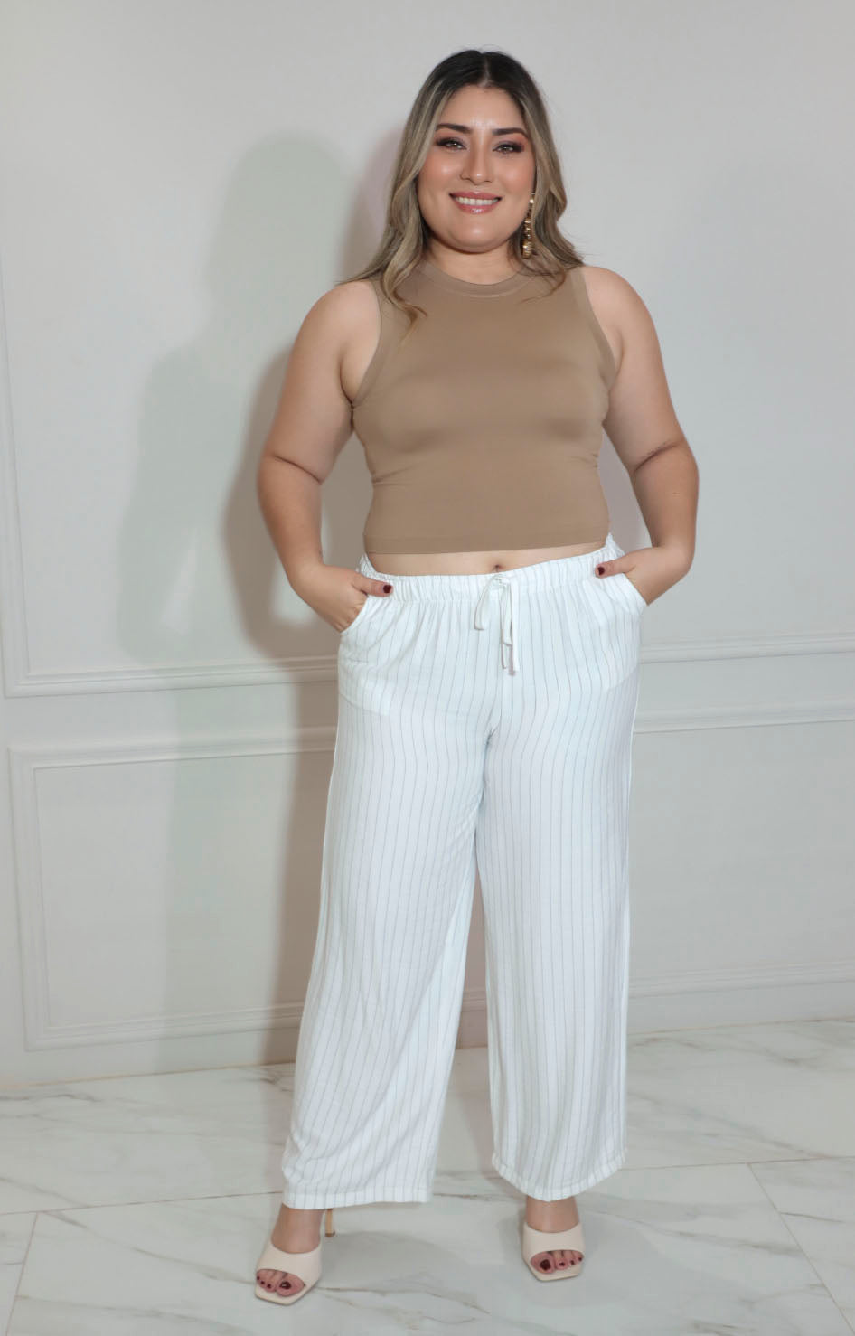 Pantalón blanco de rayas con elástico superior y lazo - PANTALON Boutiquemirel 