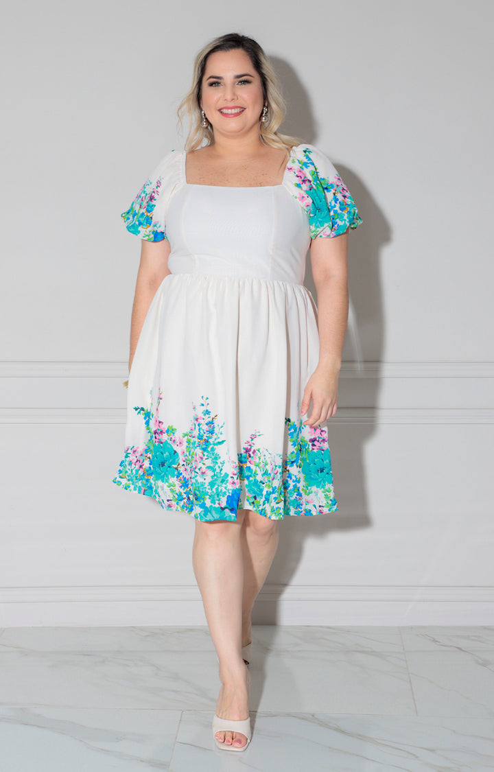 Vestido beige con azul corto - VESTIDO CORTO CURVY Boutiquemirel 