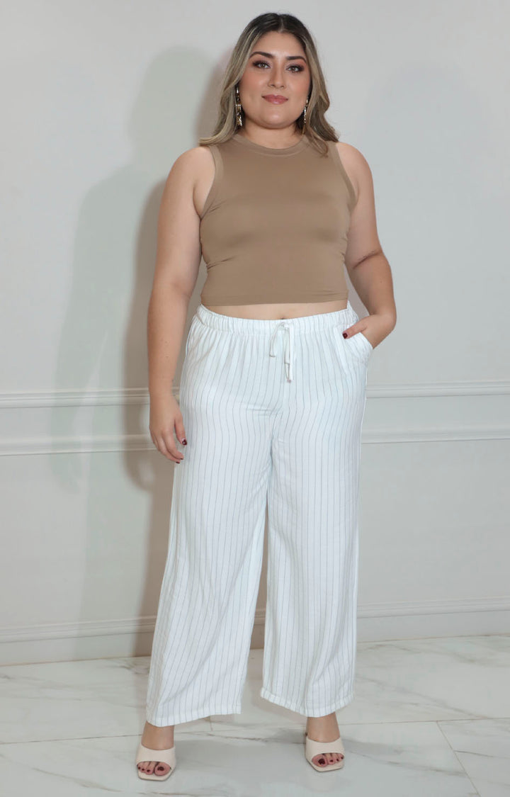 Pantalón blanco de rayas con elástico superior y lazo - PANTALON Boutiquemirel 