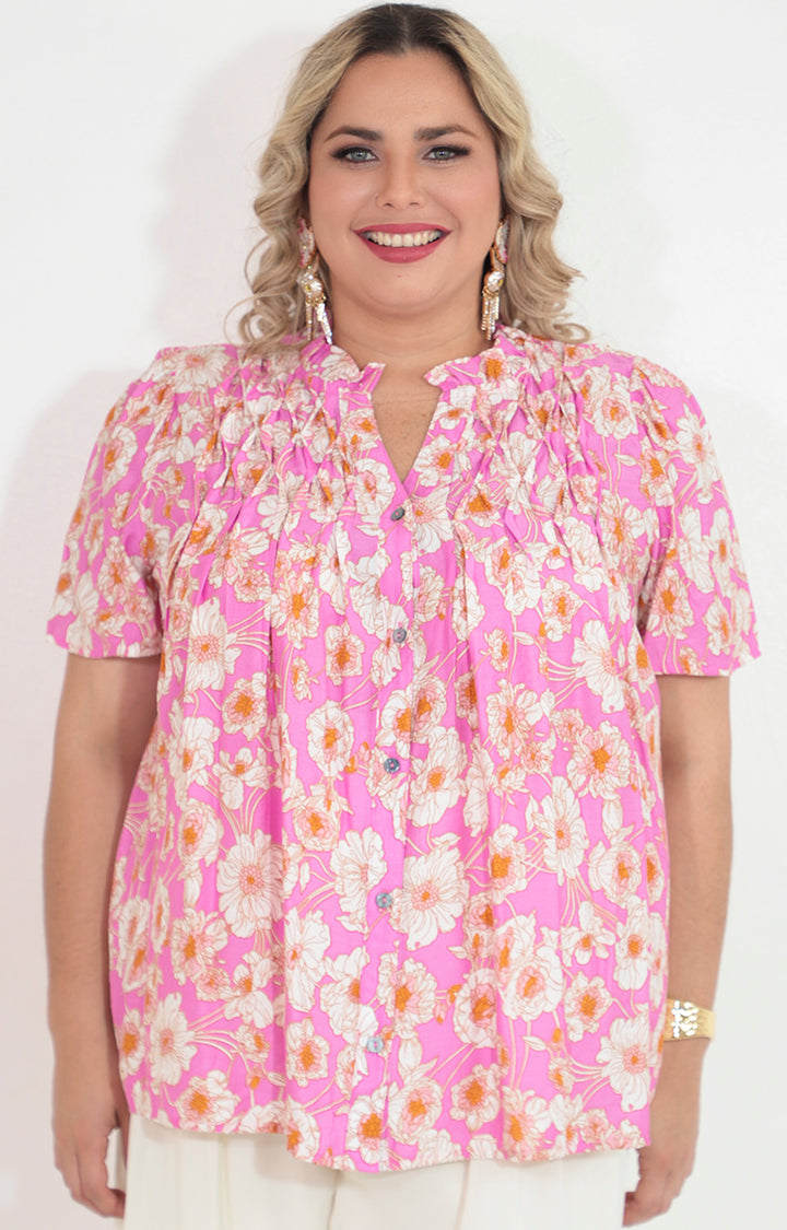 Blusa rosa estampado con botones frontales - BLUSA Boutiquemirel 