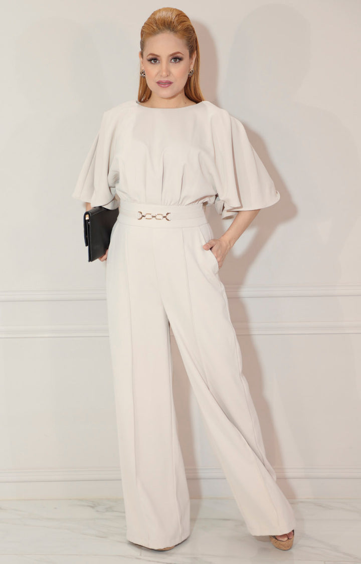 Palazzo beige con volante en manga y hebilla dorada - PALAZZO Boutiquemirel 