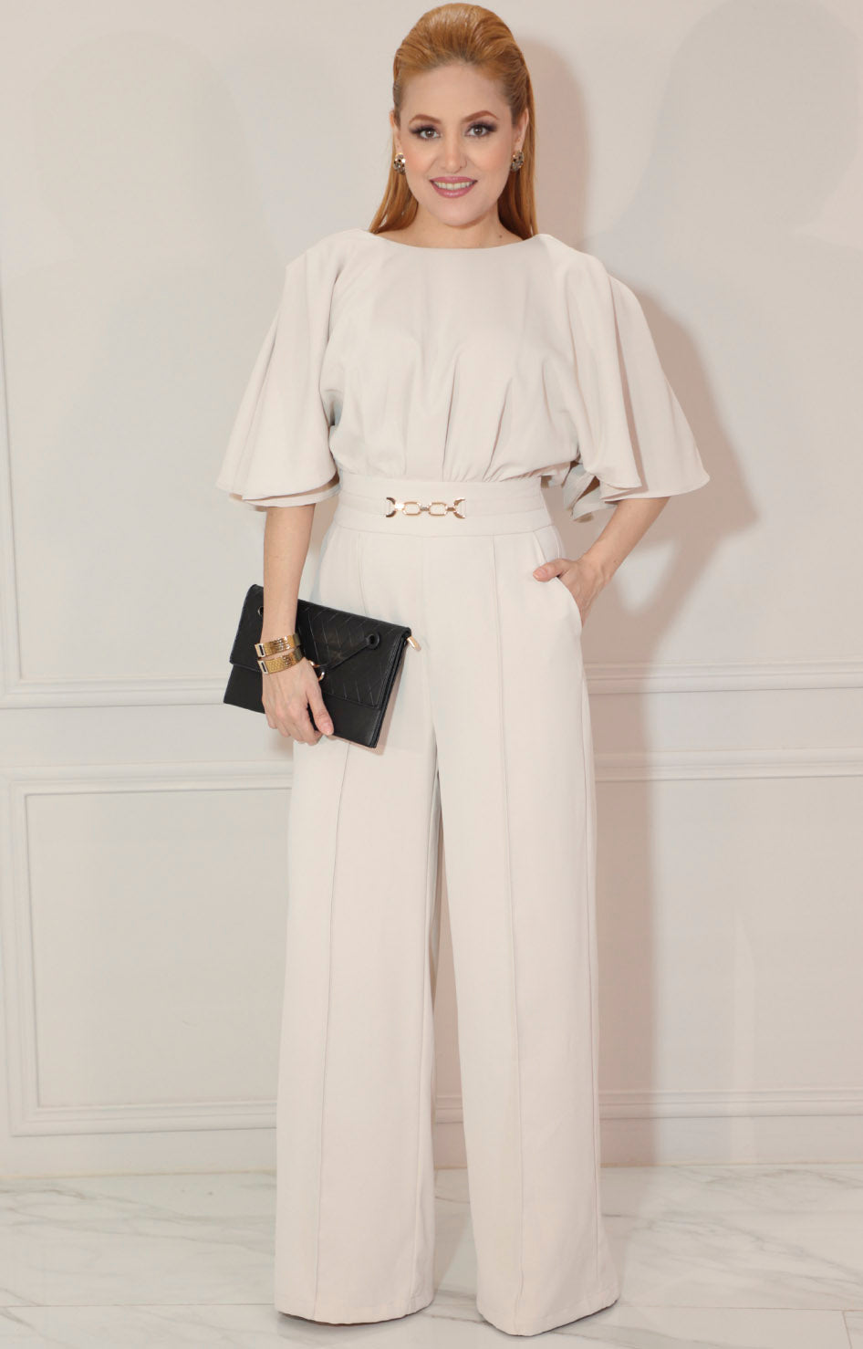 Palazzo beige con volante en manga y hebilla dorada - PALAZZO Boutiquemirel 