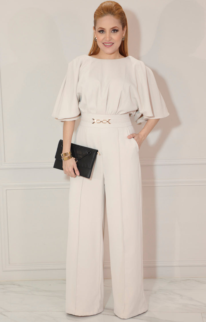 Palazzo beige con volante en manga y hebilla dorada - PALAZZO Boutiquemirel 