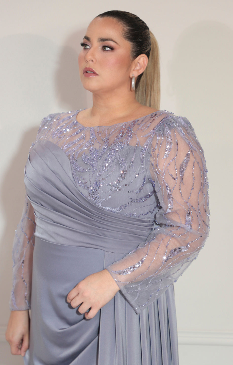 Vestido lila con transparencia y fruncido de manga larga - VESTIDO Boutiquemirel 