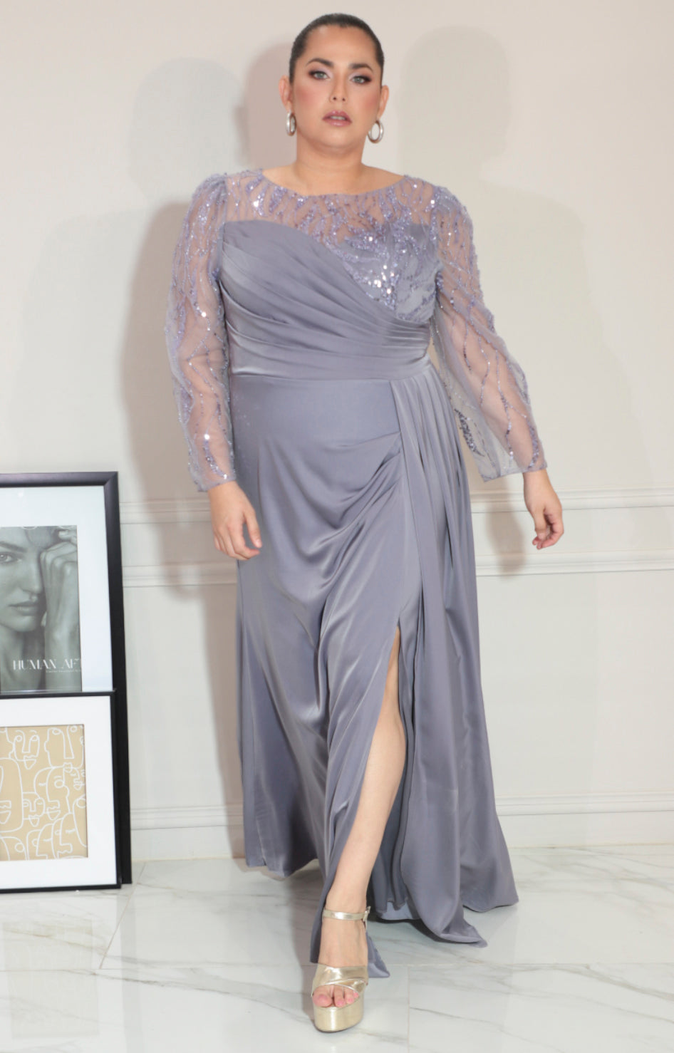 Vestido lila con transparencia y fruncido de manga larga - VESTIDO Boutiquemirel 