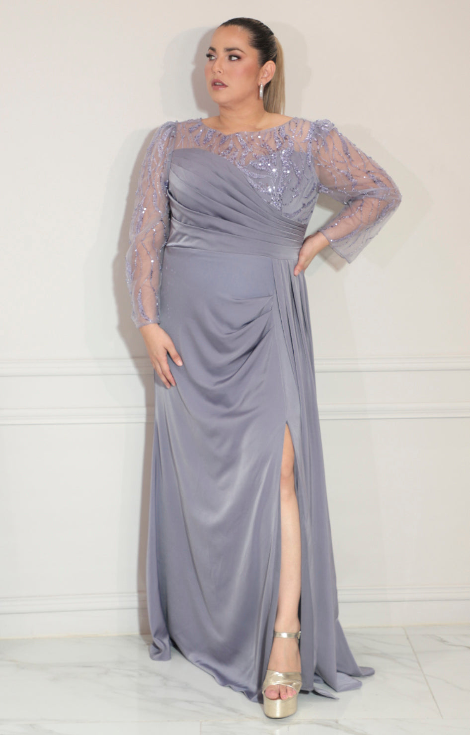 Vestido lila con transparencia y fruncido de manga larga - VESTIDO Boutiquemirel 
