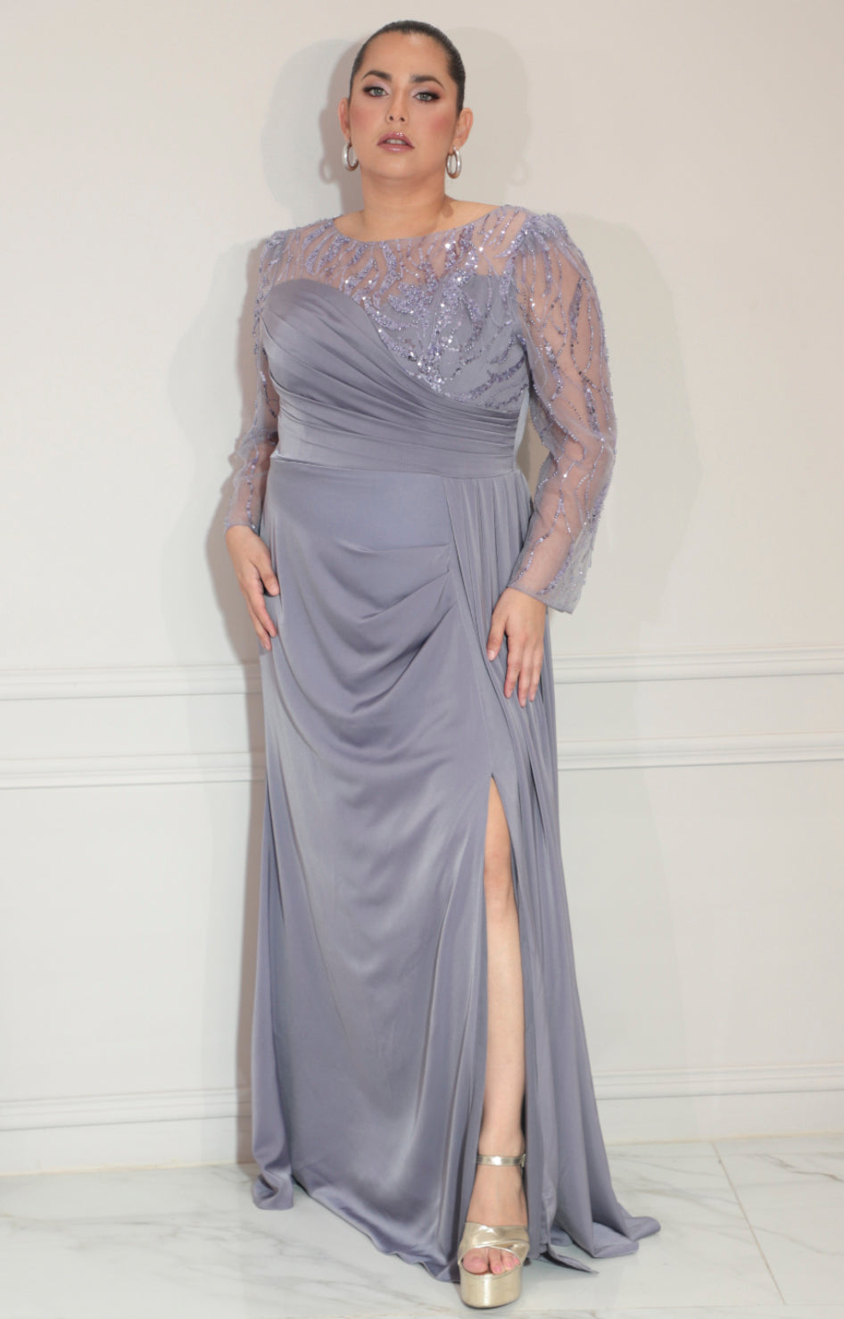 Vestido lila con transparencia y fruncido de manga larga - VESTIDO Boutiquemirel 