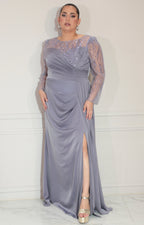 Vestido lila con transparencia y fruncido de manga larga - VESTIDO Boutiquemirel 