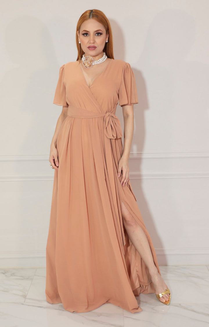 Vestido beige cuello V - VESTIDO Boutiquemirel 