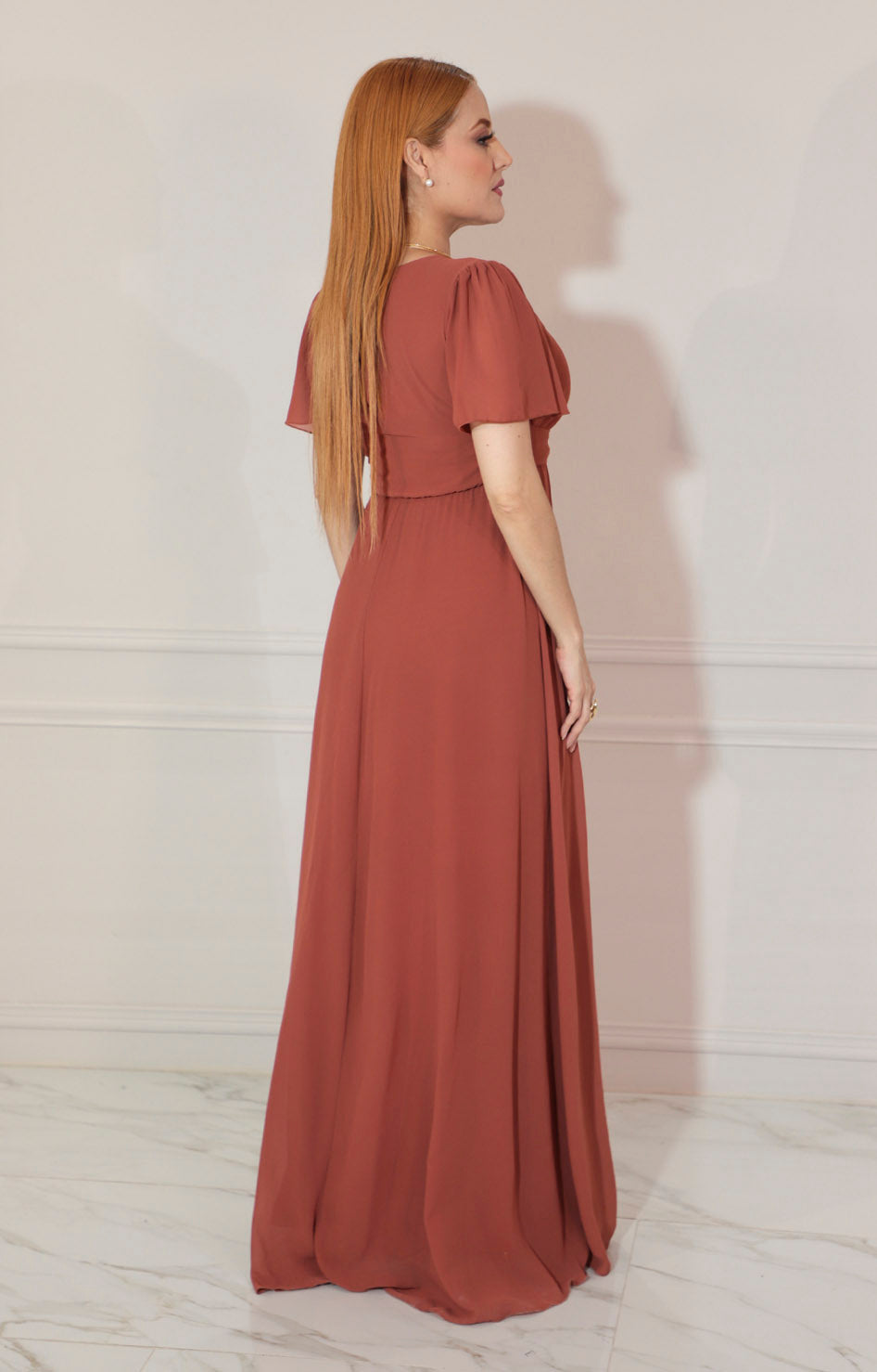 Vestido cafe largo cuello V - VESTIDO Boutiquemirel 