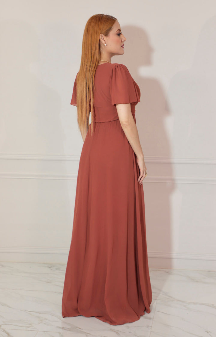 Vestido cafe largo cuello V - VESTIDO Boutiquemirel 