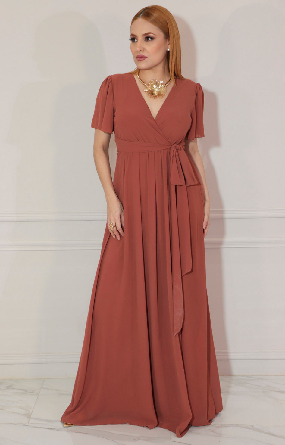 Vestido cafe largo cuello V - VESTIDO Boutiquemirel 