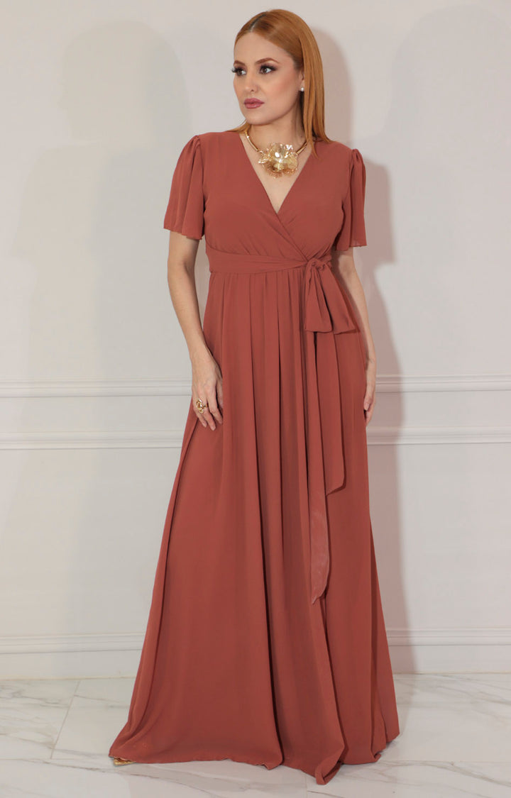 Vestido cafe largo cuello V - VESTIDO Boutiquemirel 