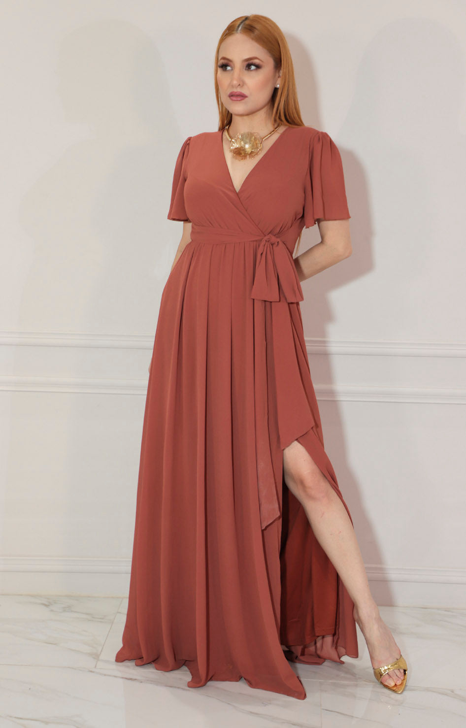 Vestido cafe largo cuello V - VESTIDO Boutiquemirel 