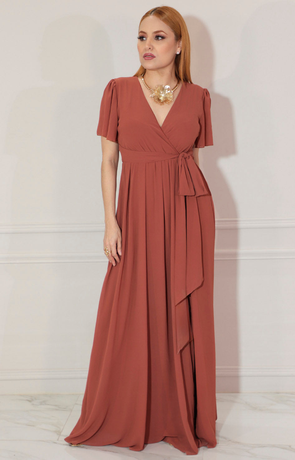 Vestido cafe largo cuello V - VESTIDO Boutiquemirel 