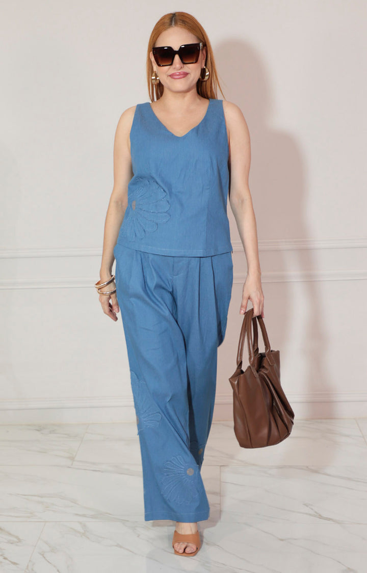 Conjunto azul liso con blusa y pantalón recto - CONJUNTO Boutiquemirel 