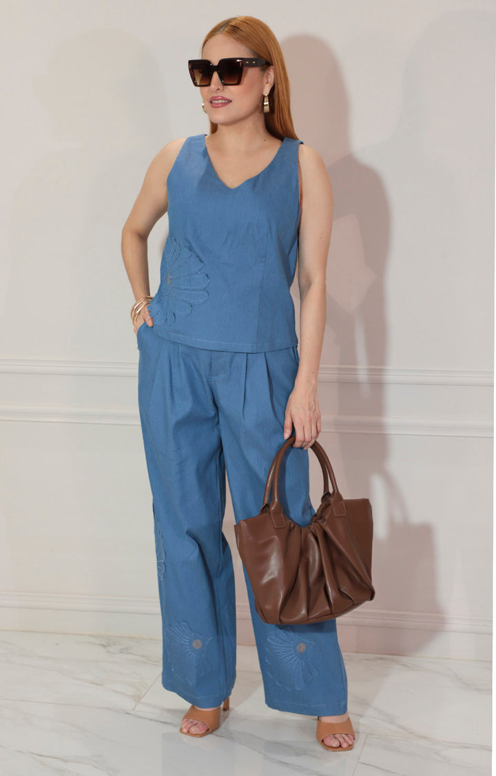 Conjunto azul liso con blusa y pantalón recto - CONJUNTO Boutiquemirel 