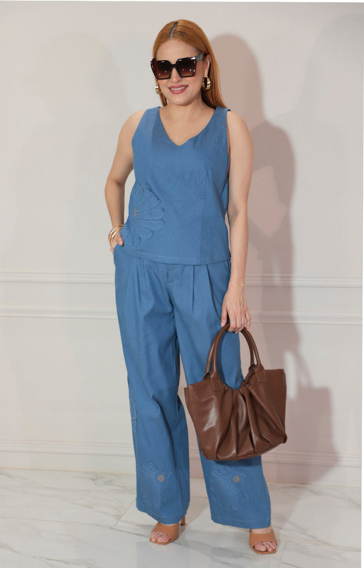 Conjunto azul liso con blusa y pantalón recto - CONJUNTO Boutiquemirel 
