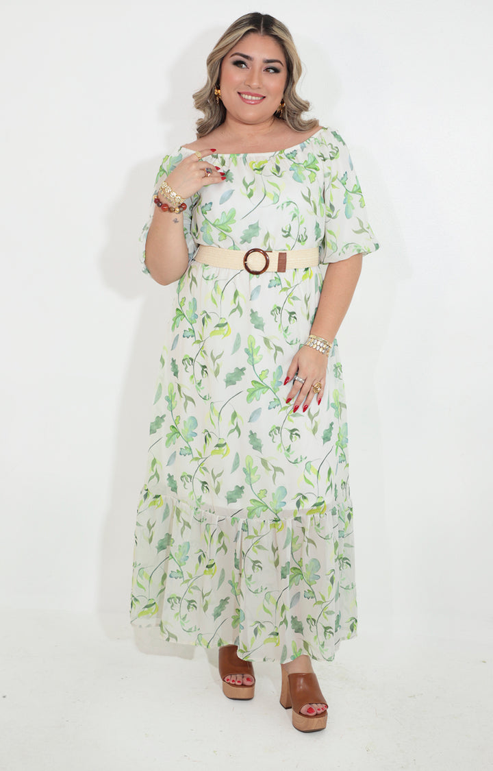 Vestido verde estampado con cinturón - VESTIDO Boutiquemirel 