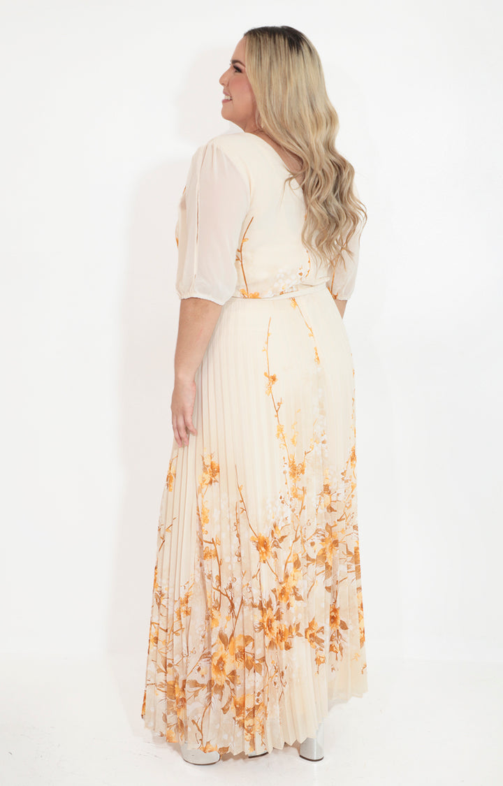 Vestido beige plisado con estampado y lazo - VESTIDO Boutiquemirel 