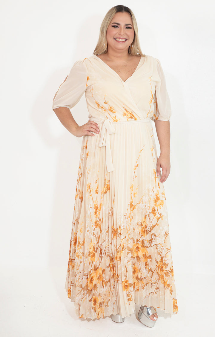 Vestido beige plisado con estampado y lazo - VESTIDO Boutiquemirel 